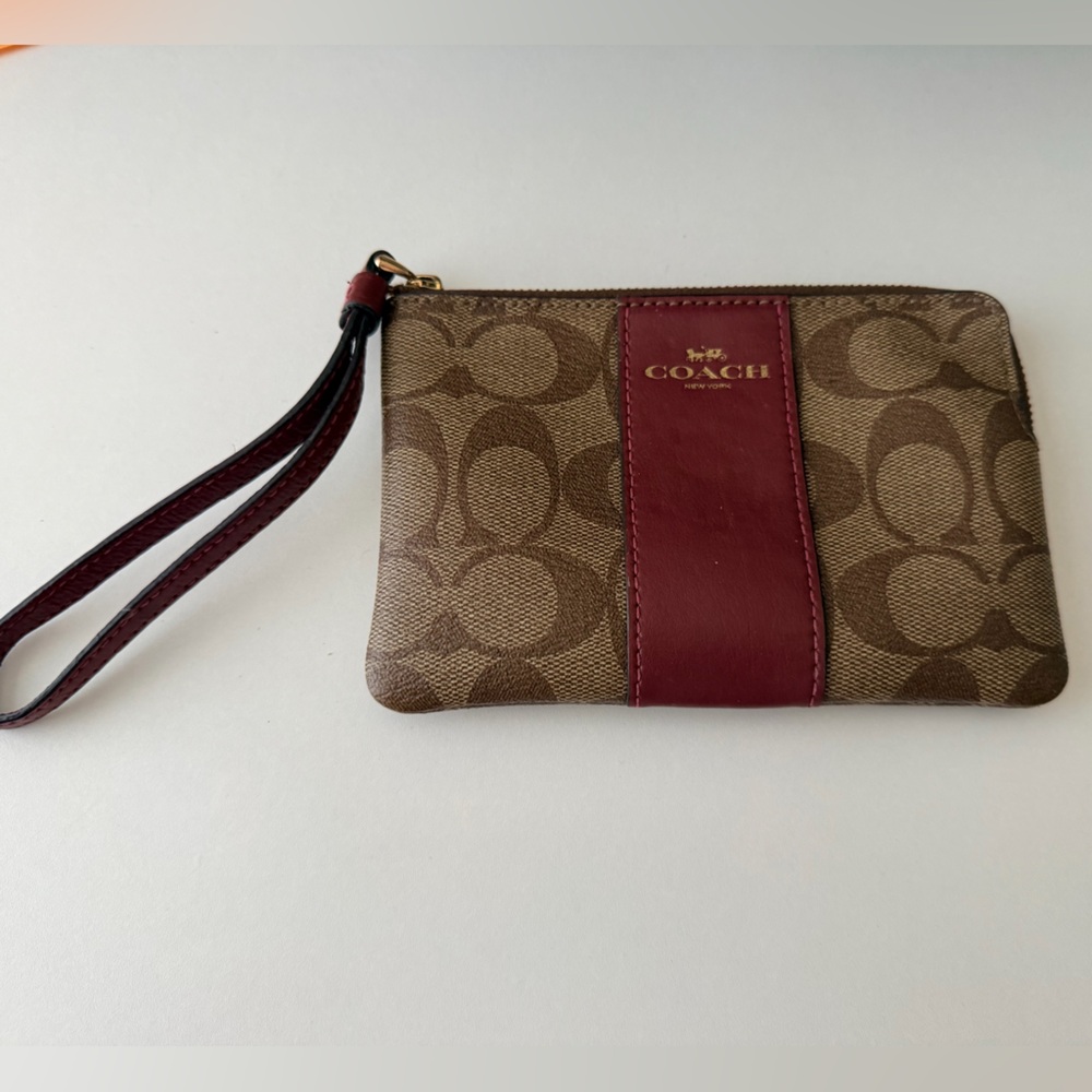 Coach Signature Brown and Burgundy Wristlet
